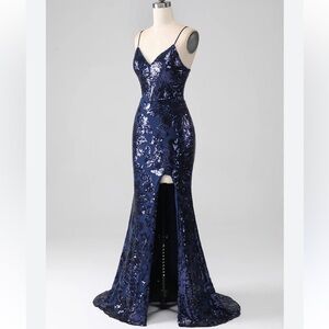 Elegant Navy Blue Floral‎ sequin maxi Dress